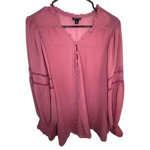 Torrid Chiffon Smocked Collar Embroidered Long Sleeve Button Up Blouse